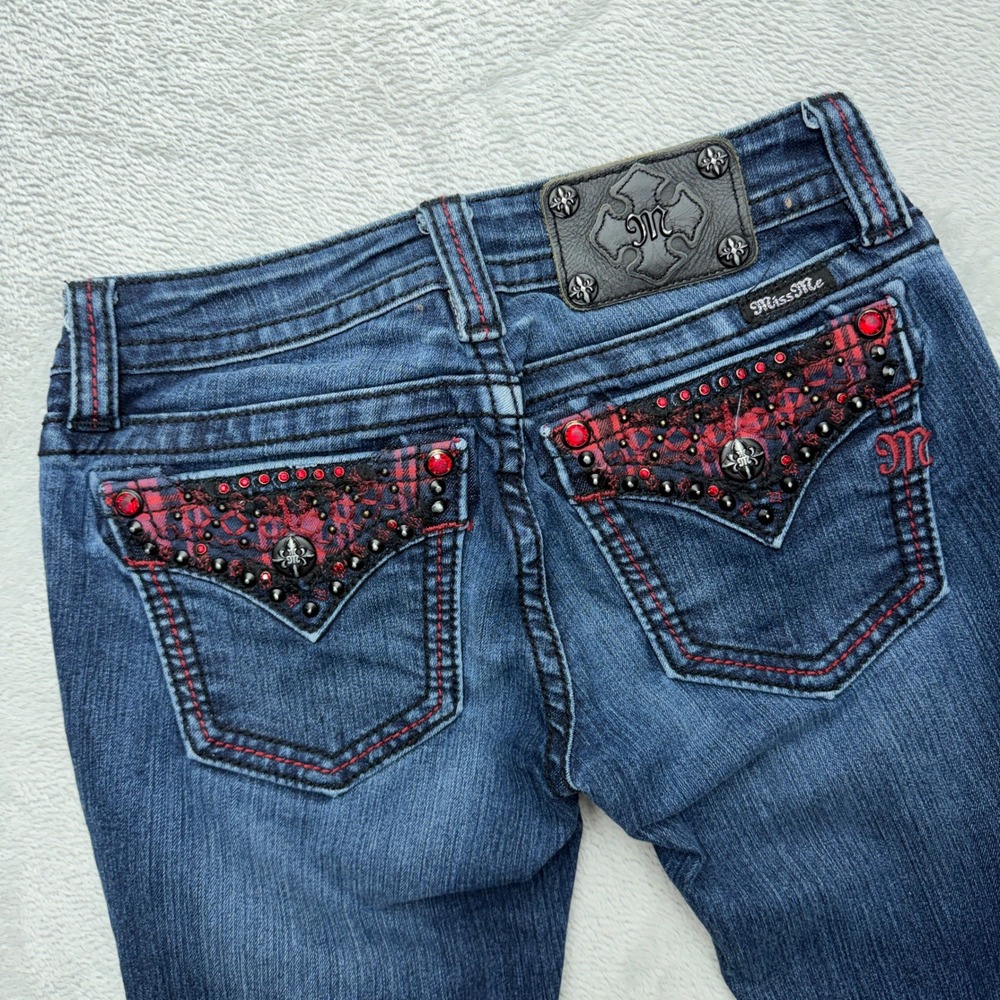 Miss Me Skinny Jeans Womens 25 Blue Plaid Lace Embellished Studded Skinny Denim